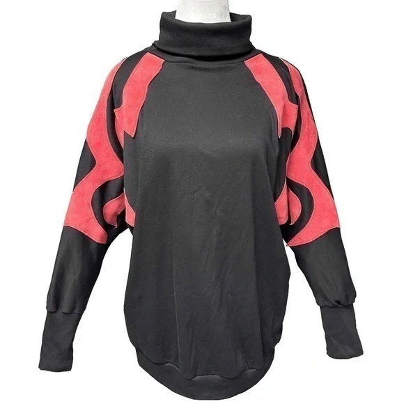 Vintage Osgood Smuk Leather Appliqué Black Knit Turtleneck Dolman Bat Sleeves M - Picture 1 of 14